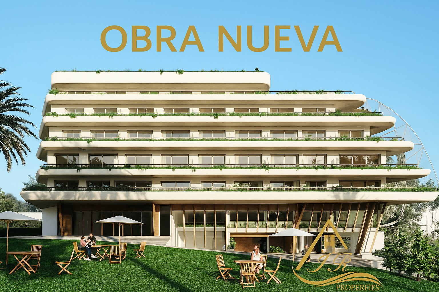 Fachada lateral de Delfín Natura Barlovento con texto Obra Nueva